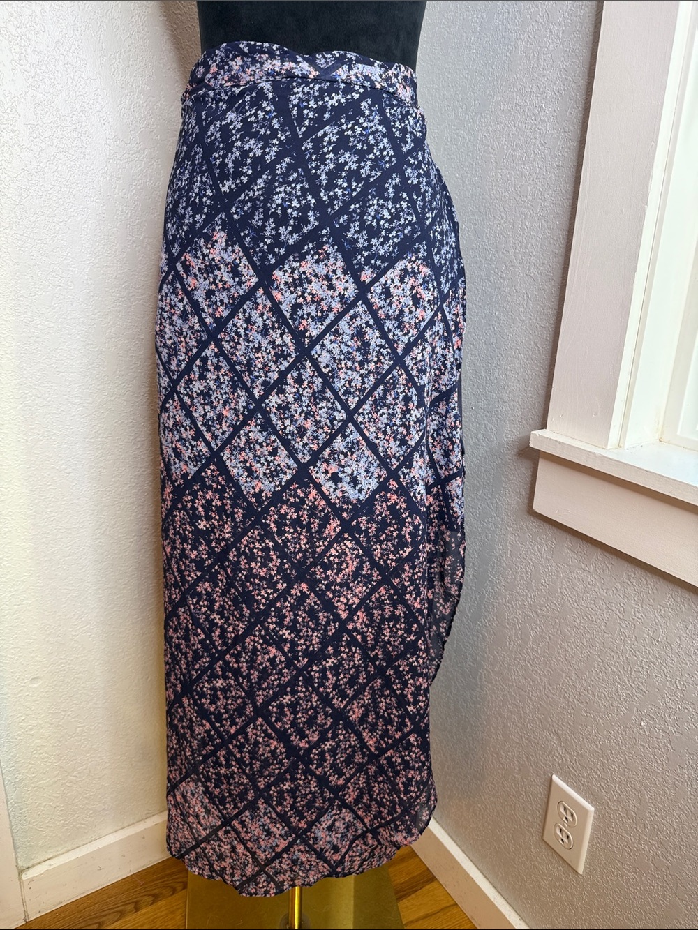 Erin Fetherston Floral Trellis Wrap Maxi Skirt Navy Pink Cottagecore Size Large